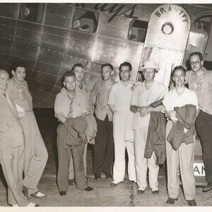 Vintage 1940's Male Travel Group Boarding Braniff Airplane B & W Photo  8x10